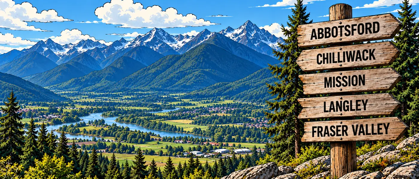 Comic illustration of Fraser Valley mountains and river with a wooden signpost for Abbotsford, Chilliwack, Mission, Langley and the Fraser Valley