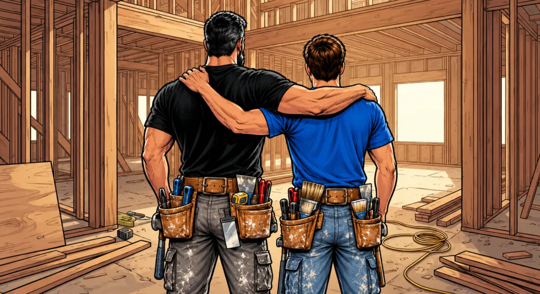 Comic illustration of Jon in black and Connor in blue from behind, arm in arm in their tool belts, looking over a framed-in room