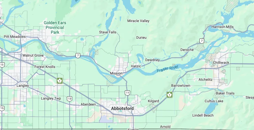 Map of the Fraser Valley showing Abbotsford, Chilliwack, Mission, Langley along the Fraser River