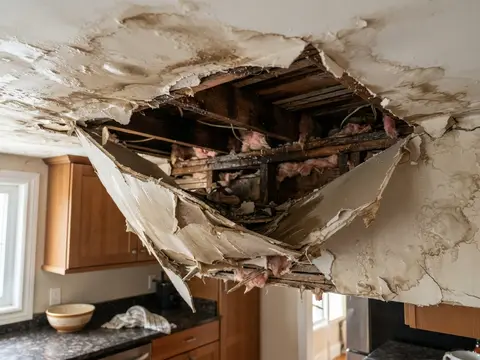 Before: Kitchen ceiling collapsed from water damage