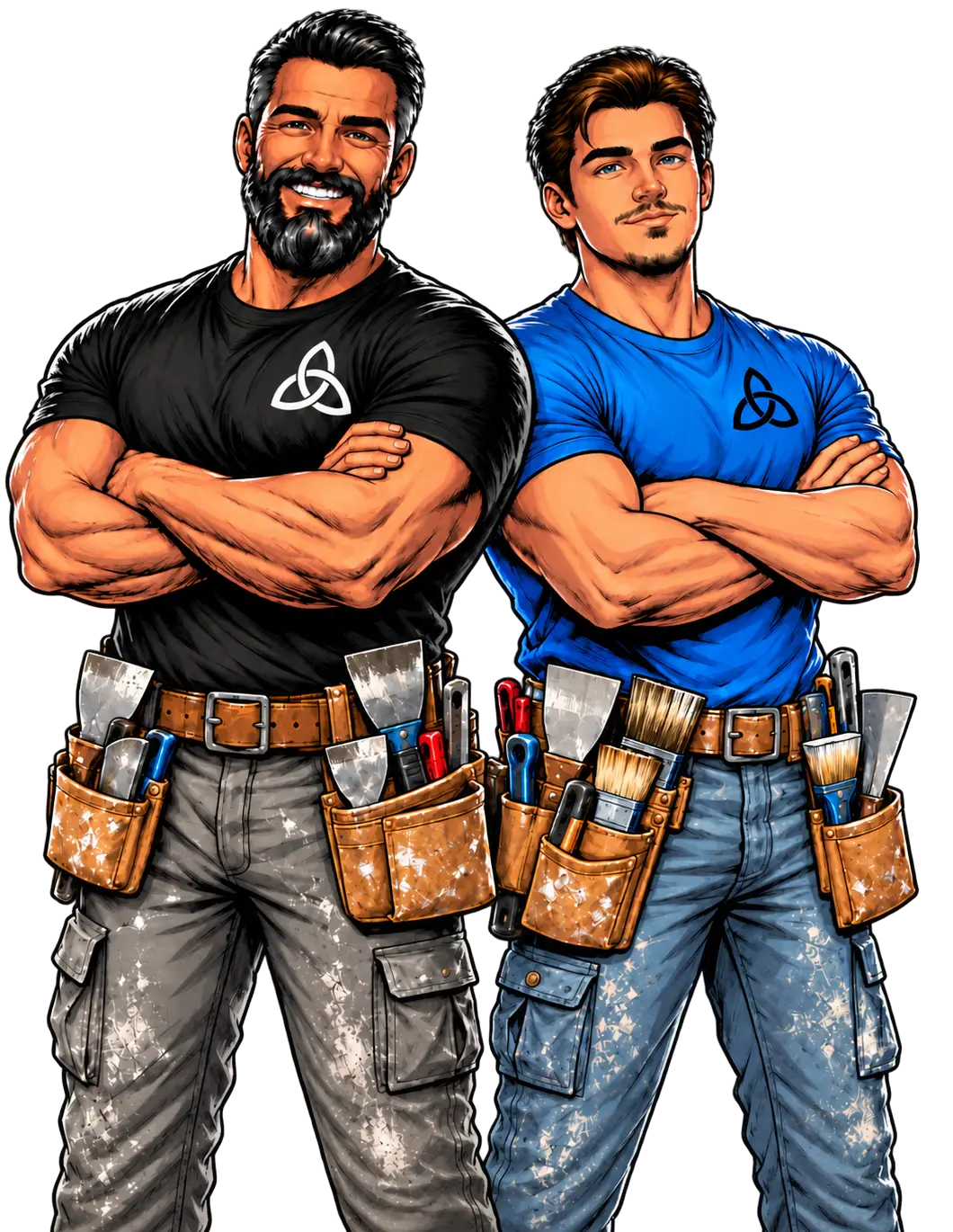 Jon and Connor of Those Guys Drywall standing with arms crossed, wearing tool belts