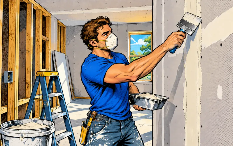 Comic illustration of a drywaller in a dust mask mudding a seam on new drywall
