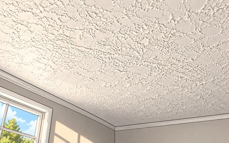 Comic illustration of a freshly textured ceiling above a sunny window