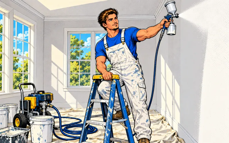 Comic illustration of Connor on a stepladder spray-painting a bright empty room