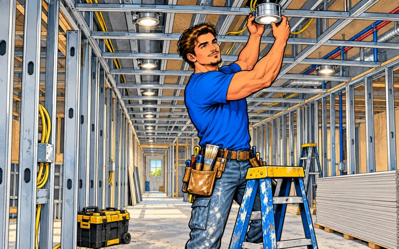 Comic illustration of Connor fitting a pot light in a steel-stud framed renovation
