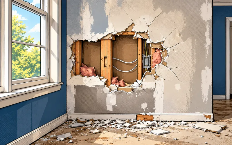 Comic illustration of a wall with a large jagged hole exposing the studs, insulation and wiring