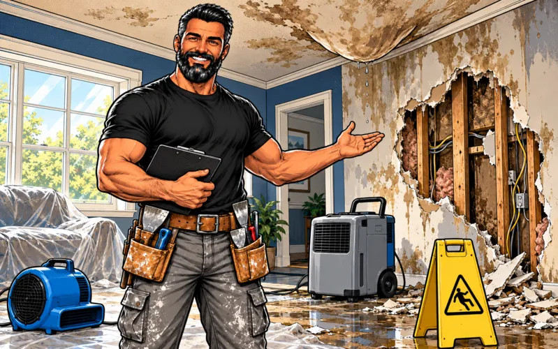 Comic illustration of Jon pointing out a water-damaged wall and sagging ceiling, with drying equipment set up