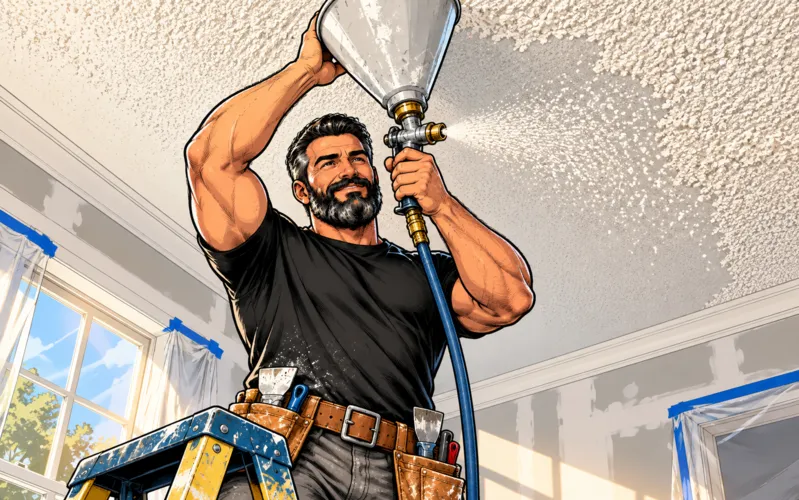 Comic illustration of Jon spraying fresh texture onto a ceiling with a hopper gun