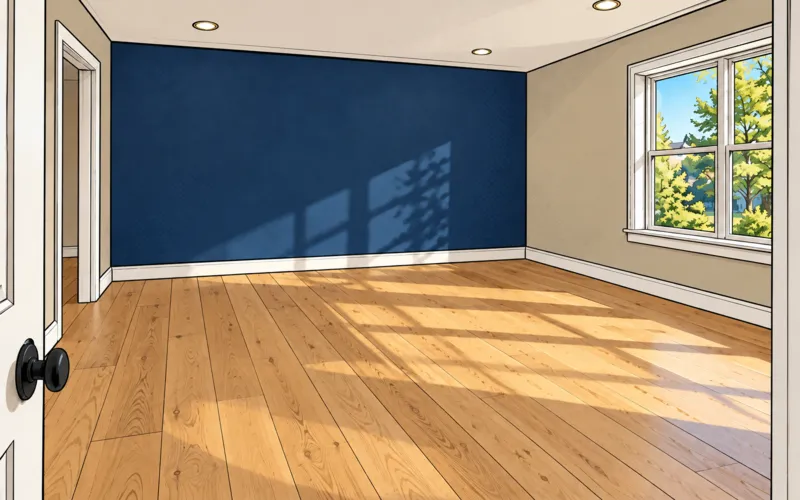 Comic illustration of a freshly renovated room with a navy accent wall, white trim and sunlit hardwood floors